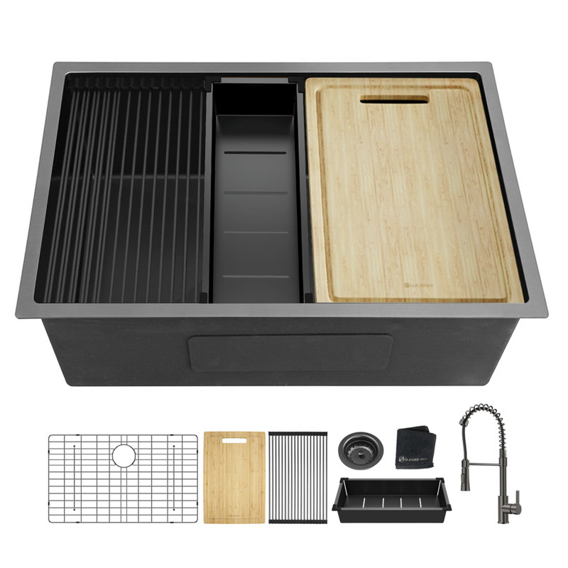 All in One Black Faucet, Gunmetal Black 304T Single Bowl Undermount Workstation Kitchen Sink, 27 x 19