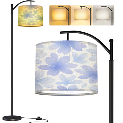  Arc Floor Lamp Soft Blue Floral Gradient Petals Details Tall Modern Standing Lamp LED Adjustable Linen Lampshade 3 Color Temperatures
