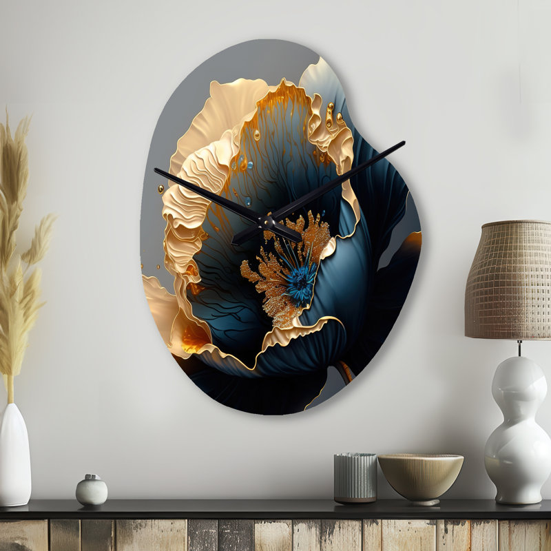 Horloge murale en forme de fleur unique en métal bleu foncé et doré, Grand