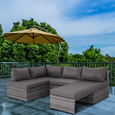 Patio avec coussins - Élégant meuble de détente pour l'extérieur. Structure en acier thermolaqué, mélange tissé à la main toutes saisons. Coussin gris. Convient pour la cour, le patio, la terrasse ou le porche.