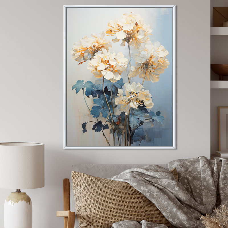 Minimalisme blanc et bleu géraniums II sur toile, Cadre flottant blanc, H 32 po x l 16 po x P 1 po