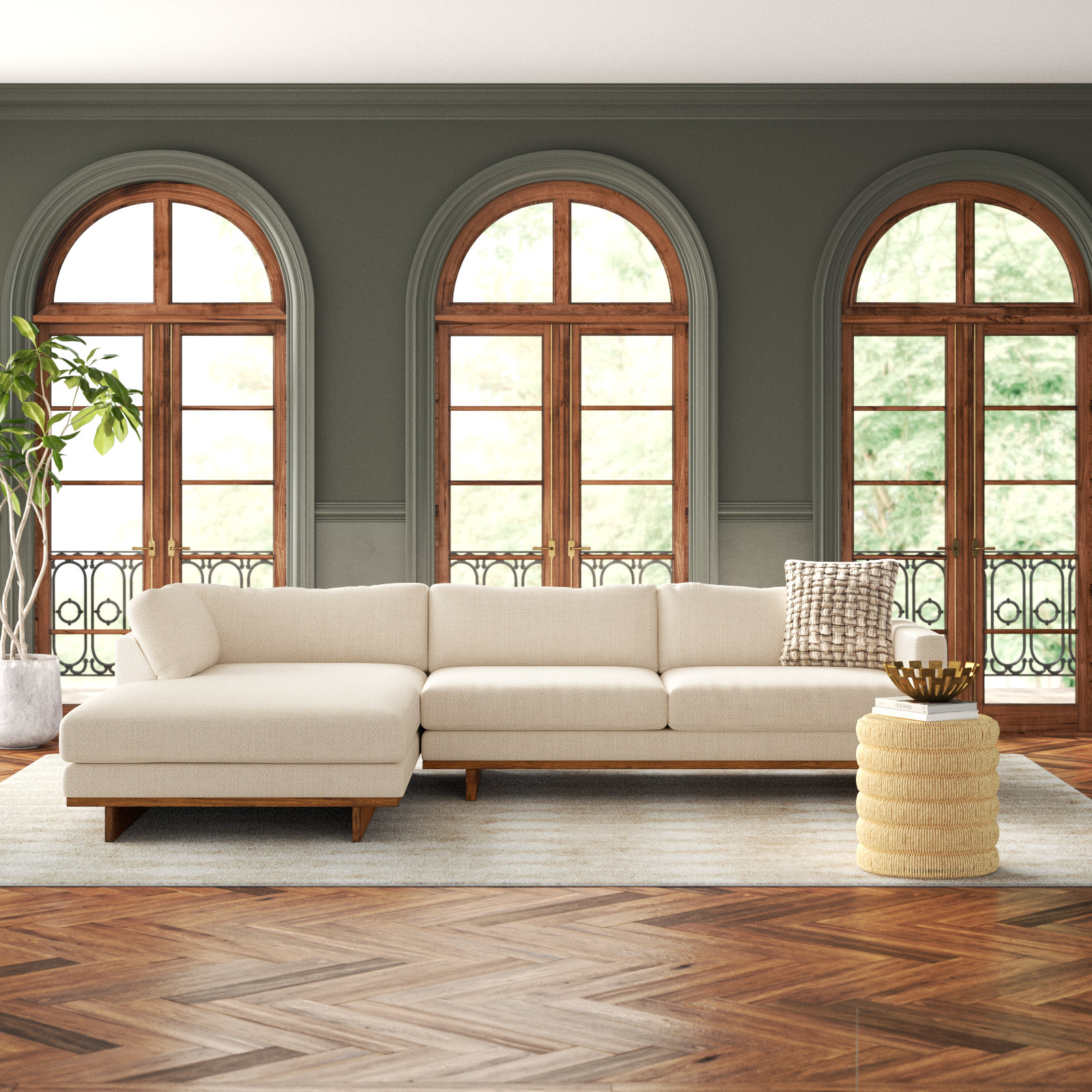 Menades Upholstered Chaise L-Sectional, Left Hand Facing, 32" H x 133" W x 86" D, Irving Taupe Polyester Blend