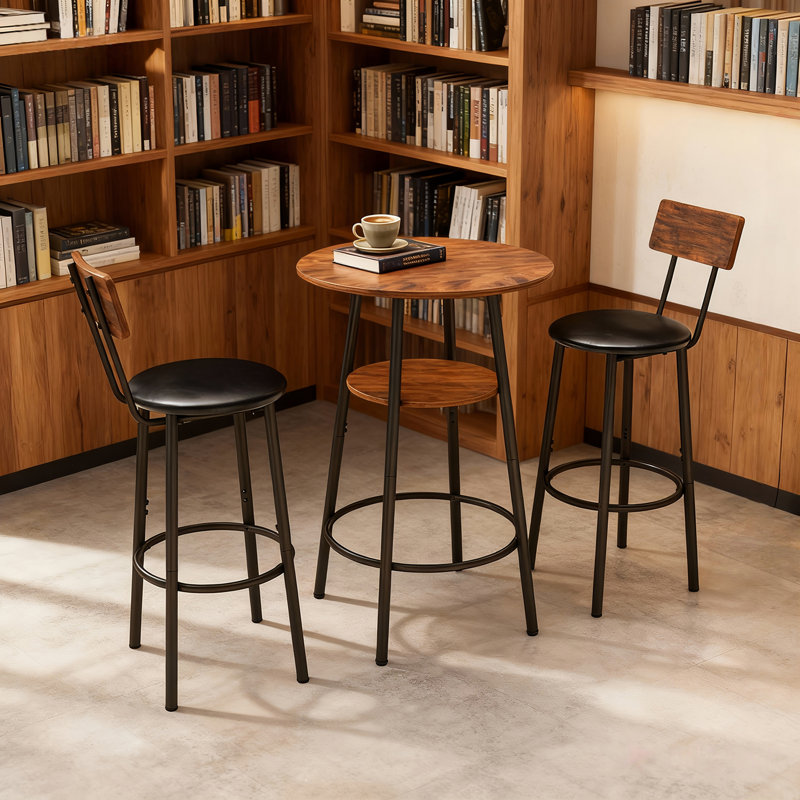 Ensemble de table de bar et de chaises 3 pièces, petite table de salle à manger pour 2 personnes avec rangement à 2 niveaux et 2 tabourets de bar rembourrés en polyuréthane pour la cuisine, la salle à manger, le salon, le bar, le café, le coin petit espace, brun rustique