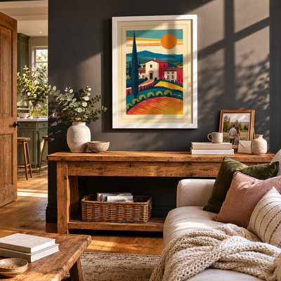 Mediterranean Village in Gold Retro - Framed Print