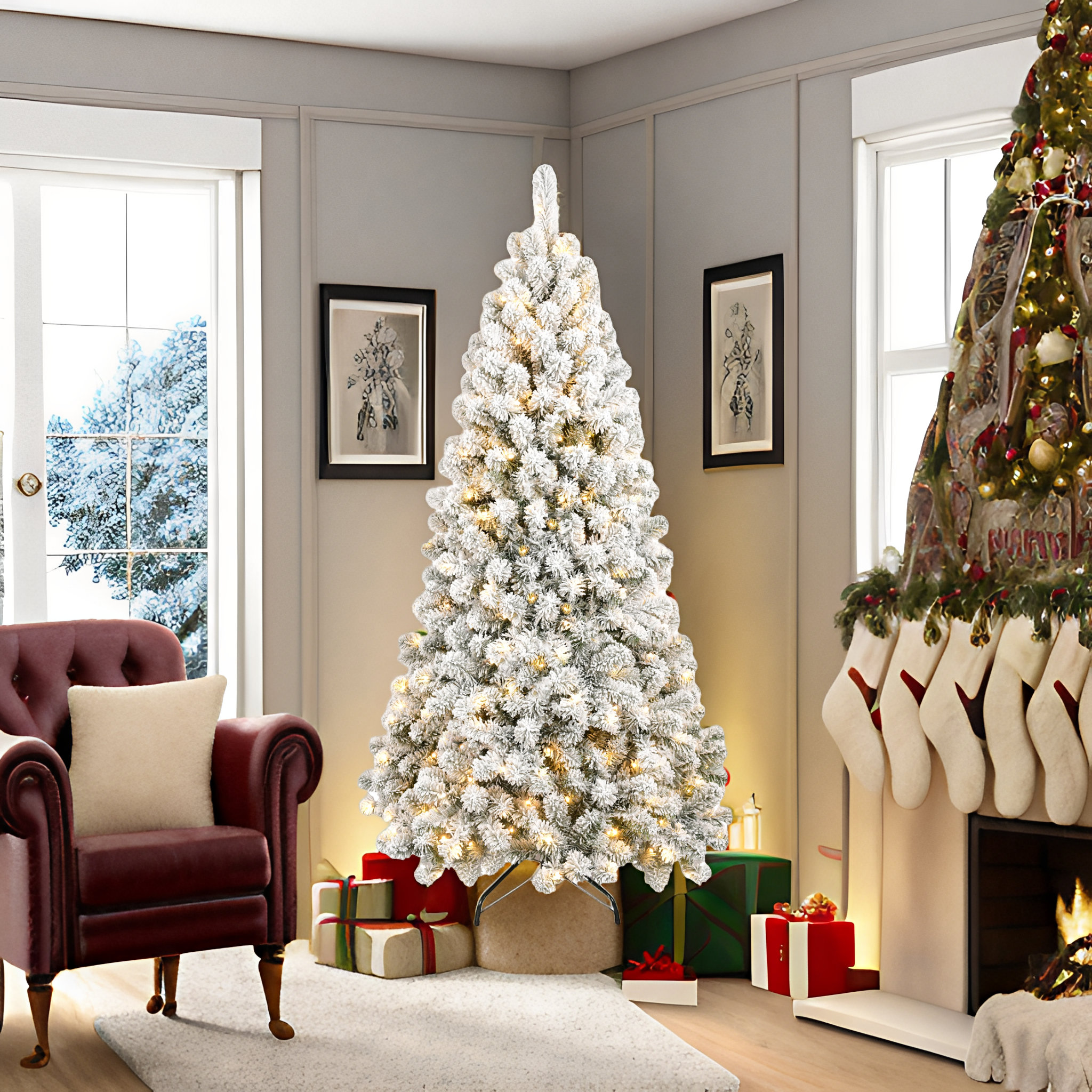 The Holiday Aisle® 7ft Pre-lit Flocked Christmas Tree With 1,064 Memory ...