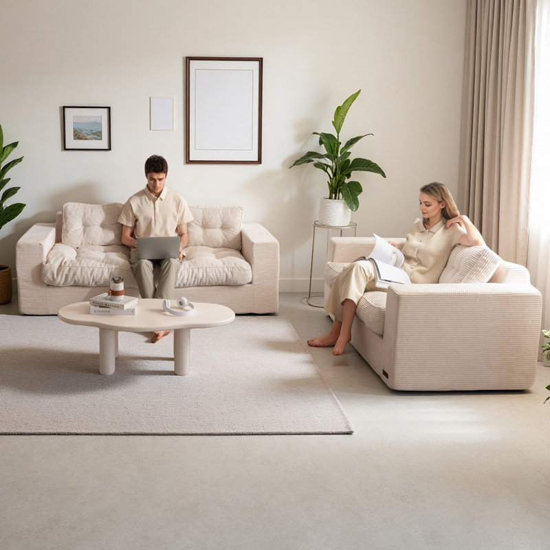 Boneless 3 Seater Beige Couch For Living Room Boneless Couch With Tufted Cushion And Backrest Upholstered Floor Sofa