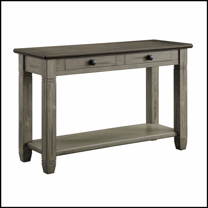 Table de canapé en bois antique au fini gris antique avec 2 tiroirs et une tablette inférieure pour le salon, durable et élégante