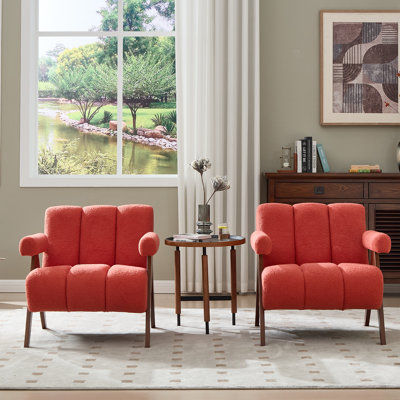 Modern Upholstered Accent Armchair Living Room Chair With Sherpa Arms, Orange Sherpa Fabric, 2 Set