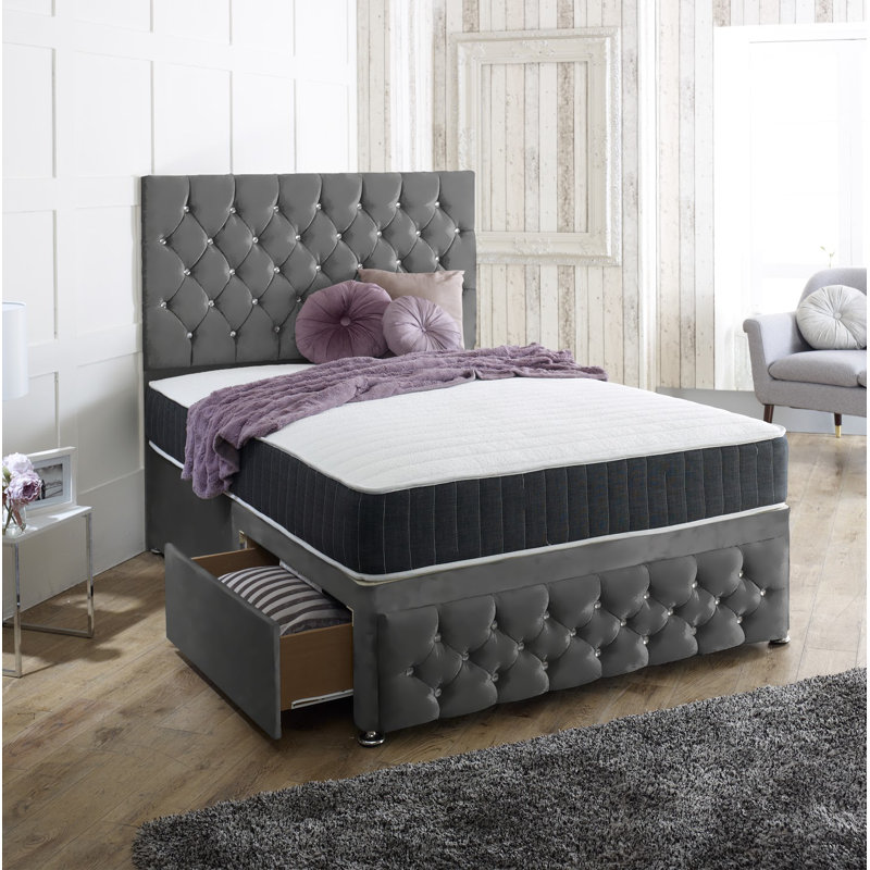 Baty Upholstered Divan Bed, Marine Blue, Small Double (4'), 2 Drawers (Same Side)