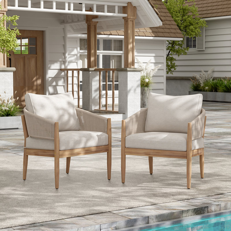Fauteuil club d'extérieur en bois d'acacia, bois de finition naturelle, coussin beige, Naturel