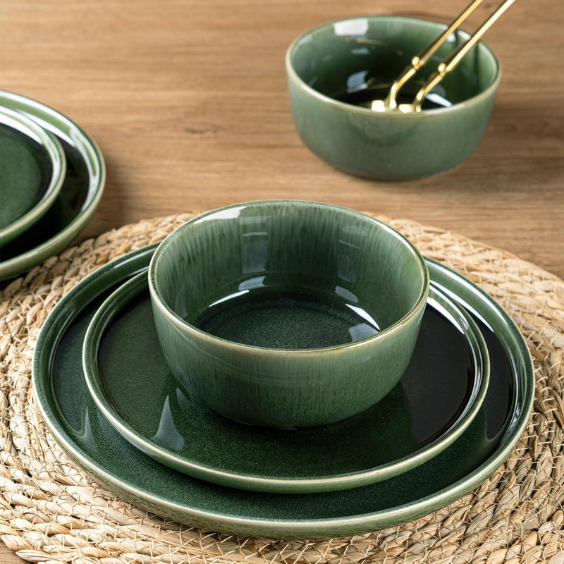 Reactive Glaze Earth Green Ceramic Dinnerware Set - 4 Person/12Pcs Stoneware Plates & Bowls, Scratch Resistant, Dishwasher & Microwave Safe