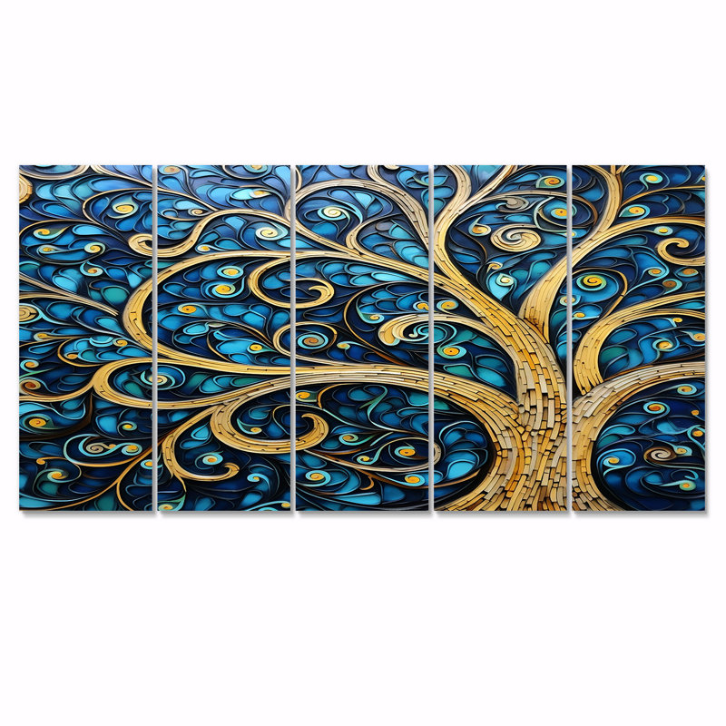 «Whirling Art Nouveau Tree Teal Blue Sky», art mural arbre 5 pièces, H 32 po x l 80 po