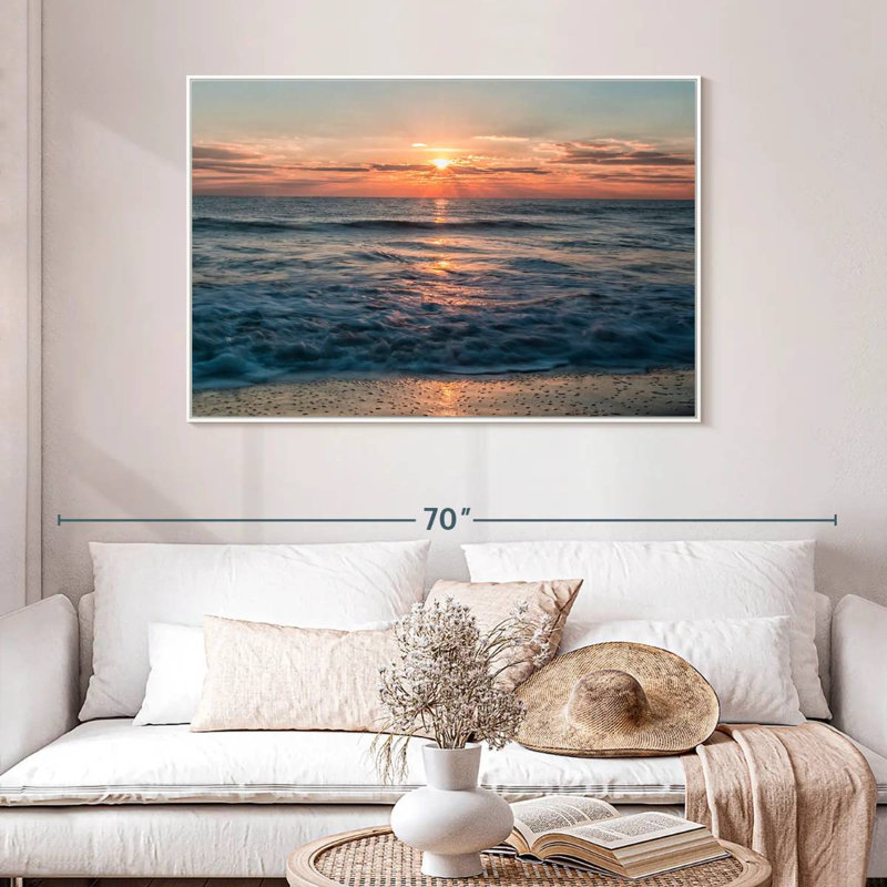 Lever de soleil sur l'océan, 46 po x 31 po, Cadre flottant blanc