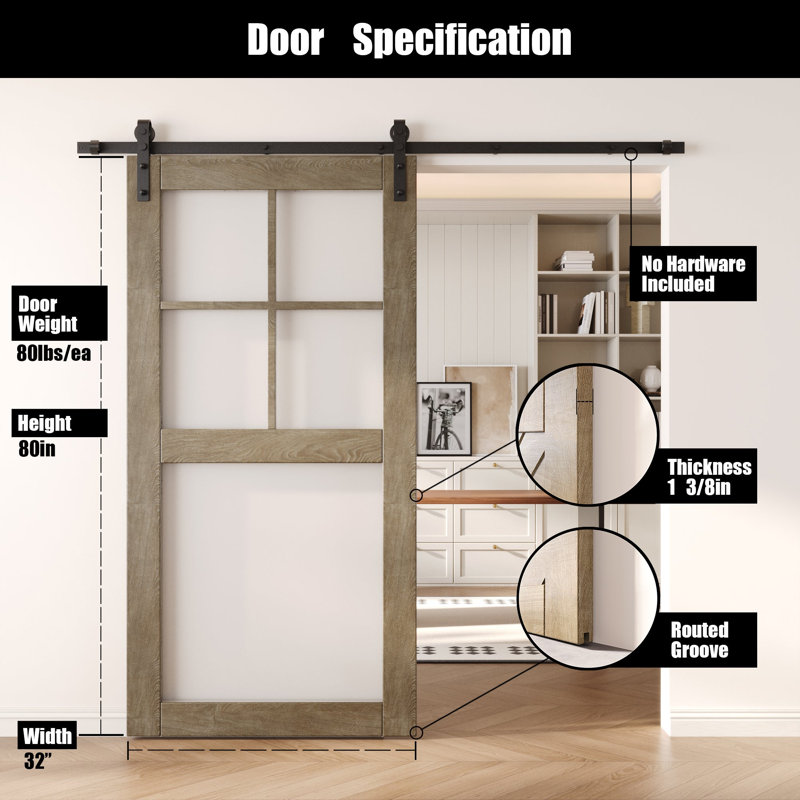 Porte de grange coulissante en bois massif non assemblé 32 po x 80 po, 32 po x 80 po