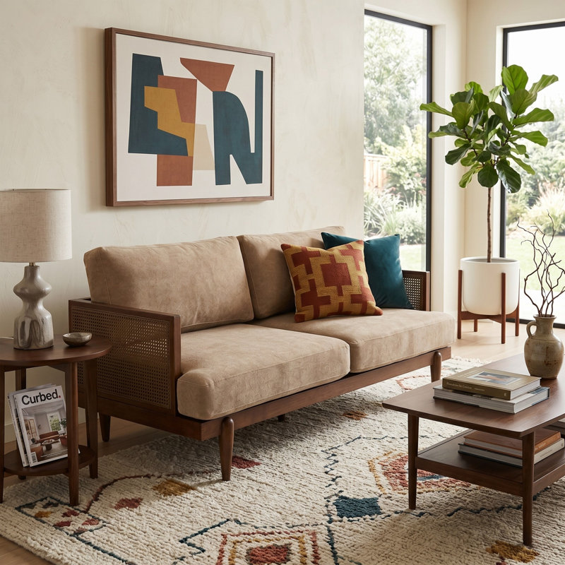 Dayton 72" Square Arm 3-Seater Sofa With Cane Rattan And Wooden Frame, Walnut, Nomad