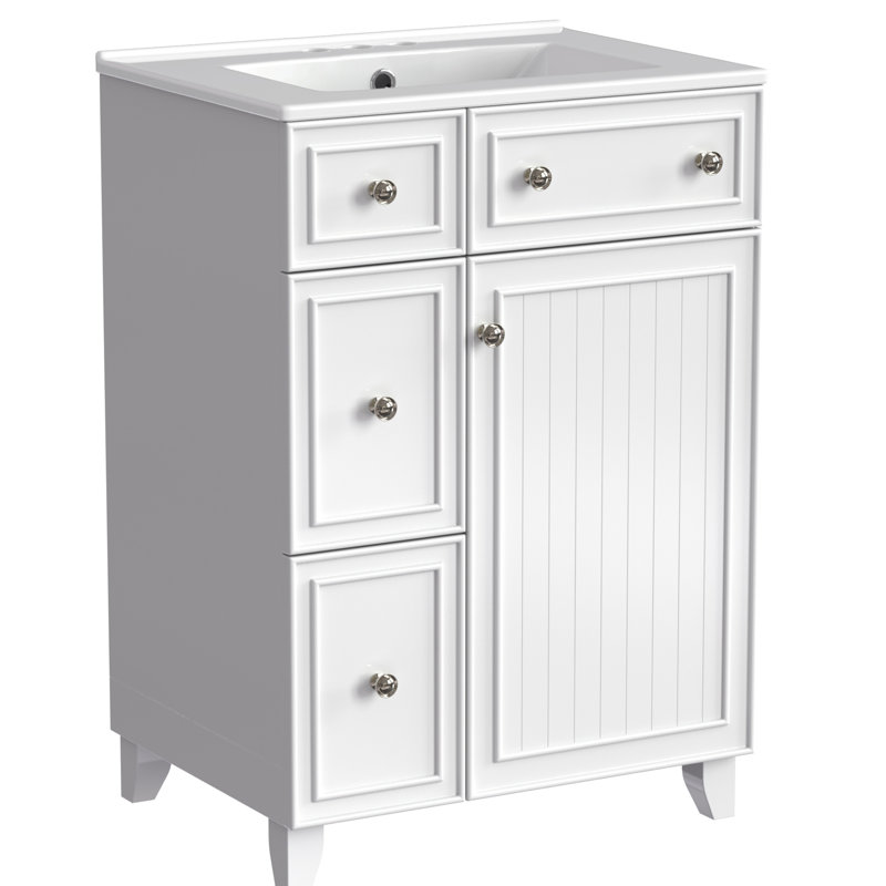 Meuble-lavabo de salle de bain 24 po Évier en céramique. Vaste espace de rangement. Fabrication. 2 tiroirs, 1 porte. Blanc de 24 po avec peu d'espace. Et bois. Blanc. Facile à nettoyer