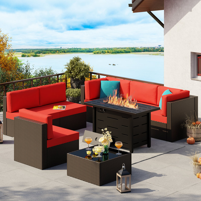 Ensemble de patio extérieur en rotin 8 pièces avec foyer, Rouge