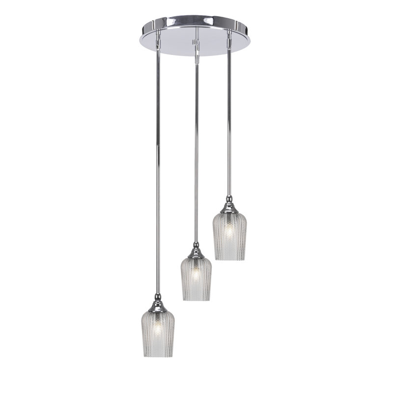 Luminaire suspendu grappe suspendu 3 lumières avec verre texturé 5 "Lesli, Grainé transparent, Chrome chrome