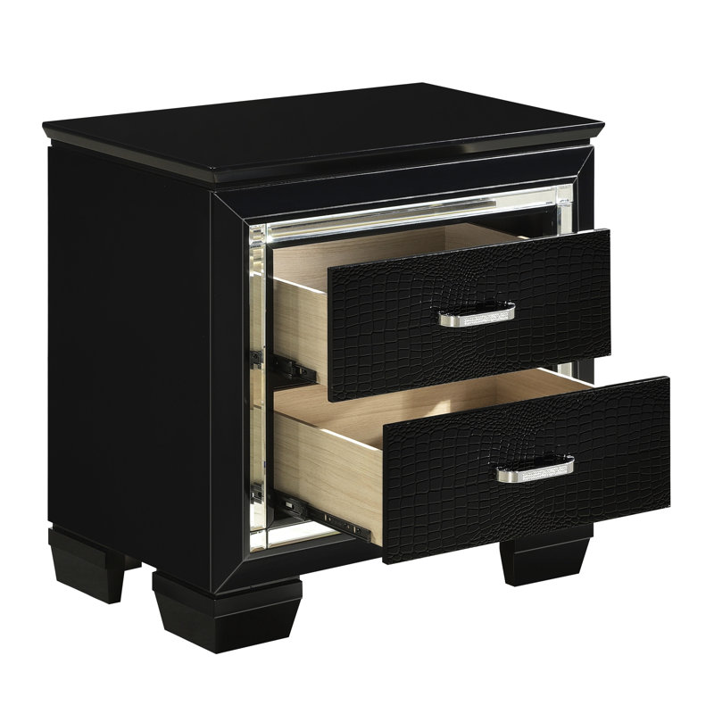 Table de chevet glamour en noir avec 2 tiroirs et ornements en faux alligator pour une chambre à coucher élégante, Noir