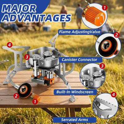 Portable 3-burner Outdoor Camping Stove - Built-in Windscreen, Flame Adjustment Valve & Serrated Support Arms For Backpacking, Picnic Cooking