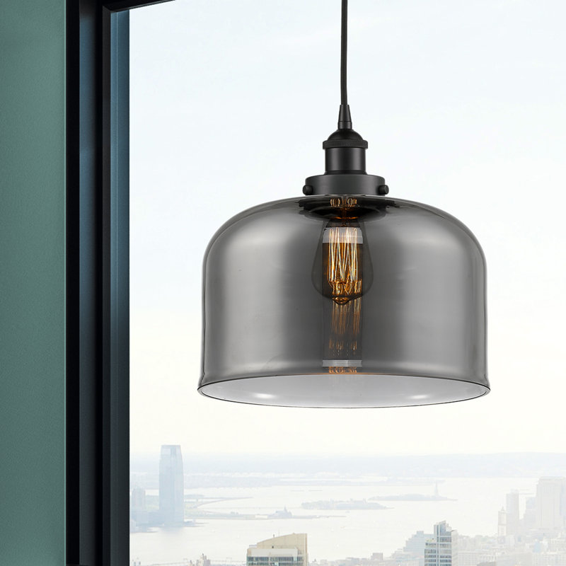 Luminaire suspendu en forme de cloche à 1 lumière Bostonia, gris, H 11,75 po x l 12 po x P 12 po, Noir mat