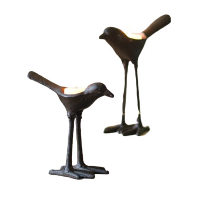  Rustic Cast Iron Bird Tea Light Holders Set of 2, 7" H
