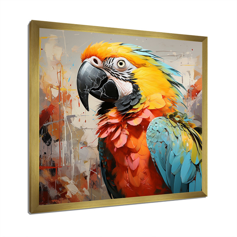 Perroquet jaune tempête tropicale sur toile, Cadre doré simple, H 16 po x l 16 po x P 1 po