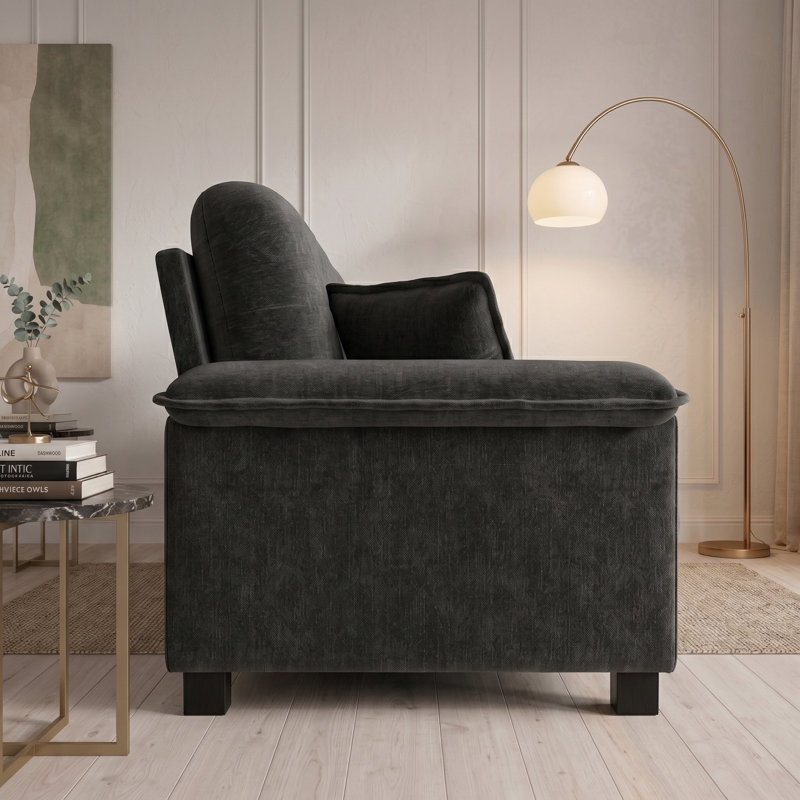 Canapé plissé 94 po à 3 places avec support à ressorts et coussins en mousse haute densité 94 po, Noir