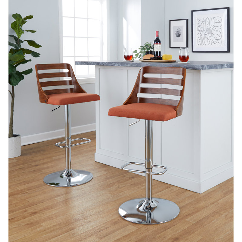 Adjustable Orange Upholstered Swivel Barstool with Wood Backrest