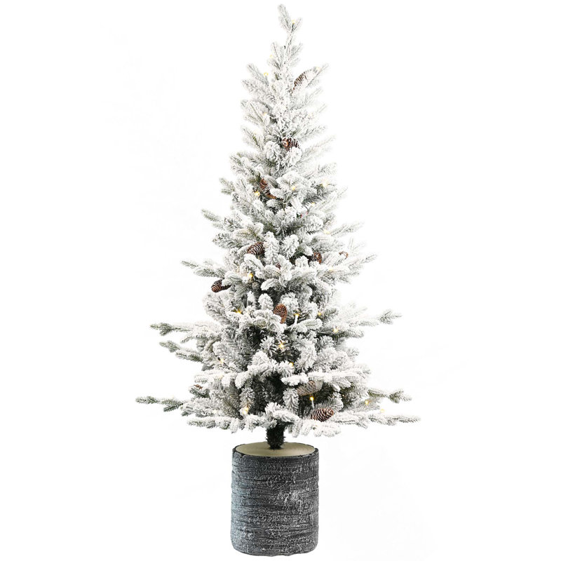 Arbre de Noël floqué avec lumières DEL blanc chaud, pommes de pin et base de pot, 6.5'