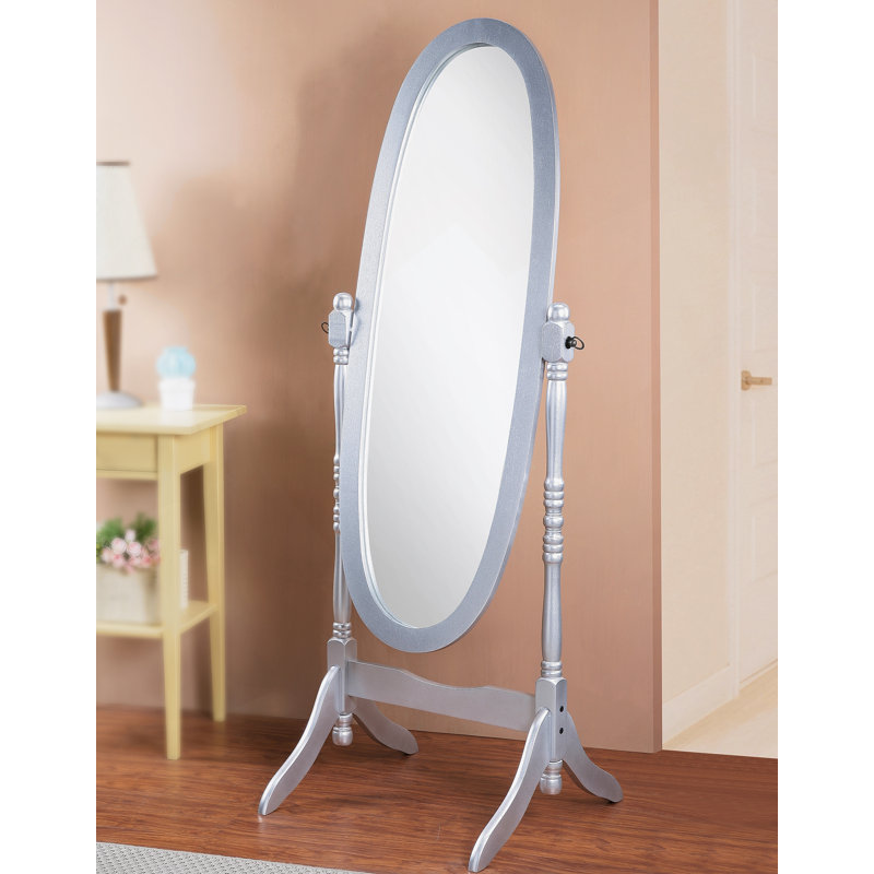Traditional Queen Anna Style Wood Floor Cheval Mirror, Silver Finish