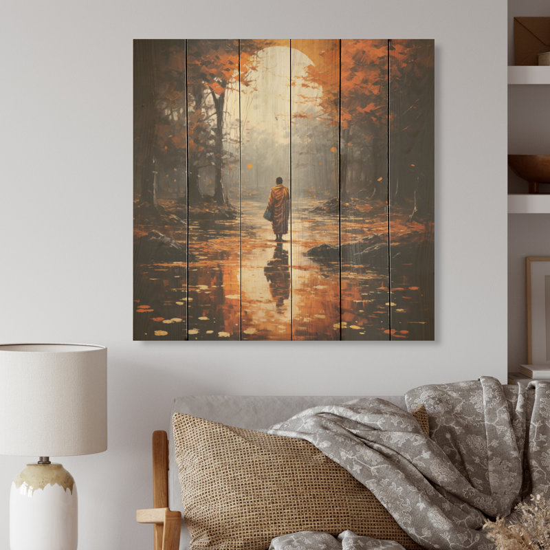 Dharma Path - Buddhism Wood Wall Art On Natural Pine Wood, 25" H x 25" W