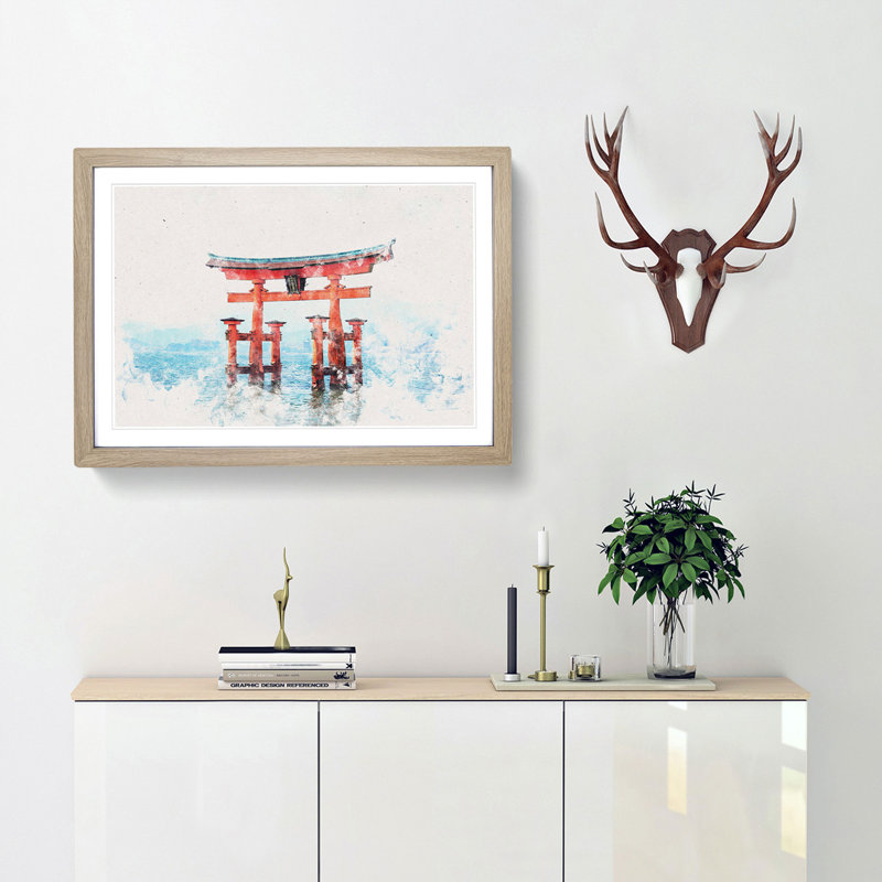 Itsukushima Shrine in Hiroshima Japan - Picture Frame Painting Print, 45cm H x 63cm W x 2cm D, Oak Framed