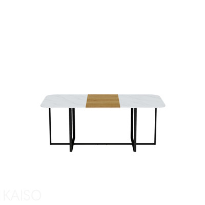 Ensemble de table de salle à manger 9 pièces 9 pièces, plateau de table fixe en grain de bois bicolore et triamine de grain de bois noir avec 8 chaises en velours noir, ensemble de table de cuisine moderne pour 8 personnes, idéal pour les réunions de famille