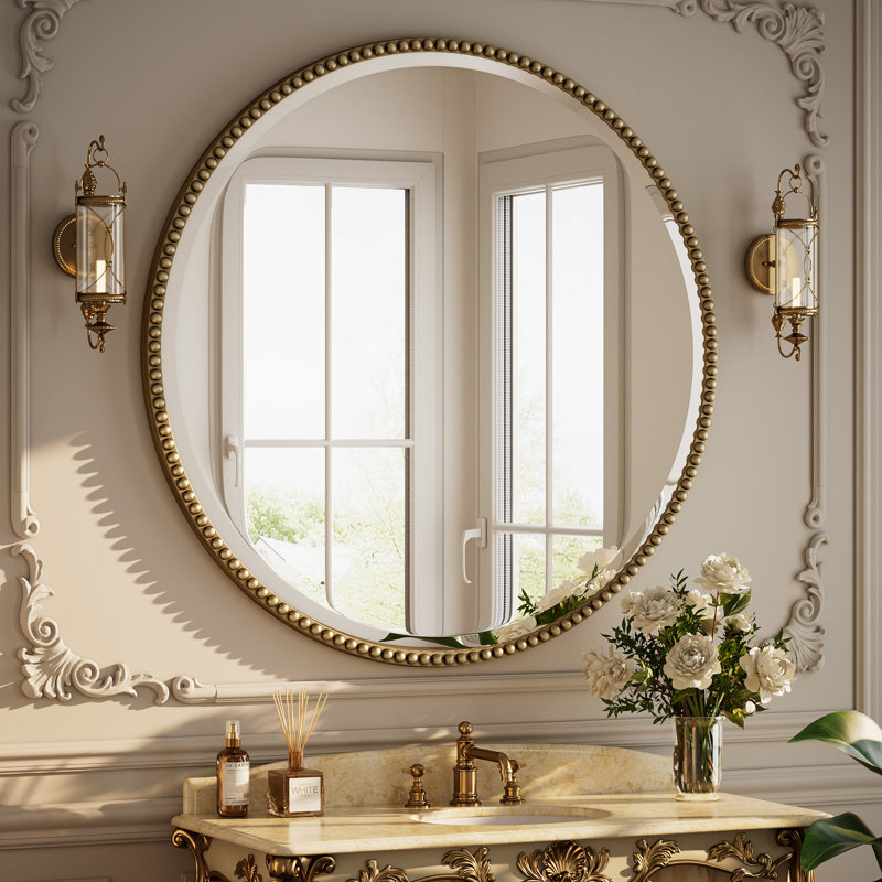 Beaded Round Wall Mirror Decorative Vanity Bathroom Mirror With Resin Frame, 36" H x 36" W, Beige