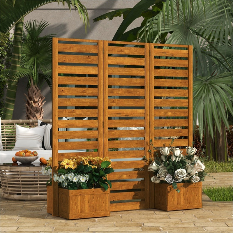 Paravent autoportant avec quatre jardinières surélevées en bois de sapin naturel et panneaux de treillis articulés