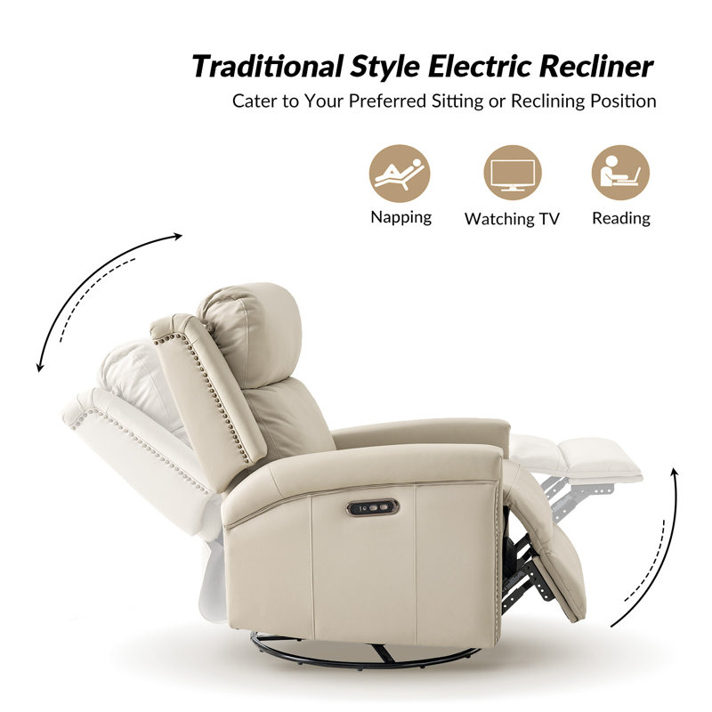 Elina Transitional Genuine Leather Dual Motor Power Swivel Rocker Recliner with Adjustable Headrest, Beige