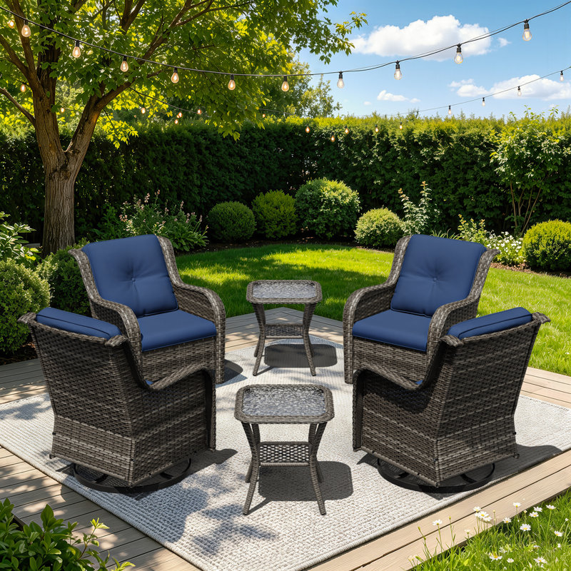 6-Piece Outdoor Wicker Swivel Rocker Patio Conversation Set With Glass-Top Side Tables & Cushions, All-Weather PE Rattan Furniture For Backyard, Porch, Deck