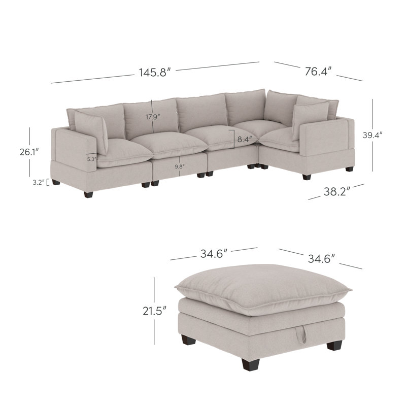 Somerdale Modern Upholstered Cloud Sectional With Ottoman, 39.4" H x 145.8" W x 76.4" D, Textured Gray Linen
