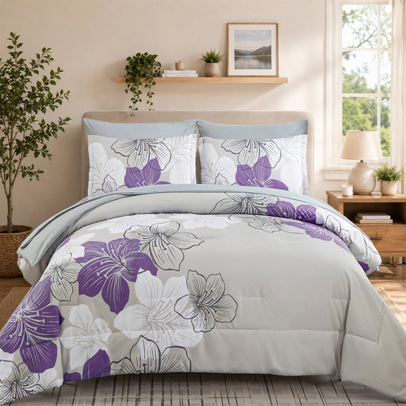 7 Piece Floral Comforter Set Soft Microfiber Bedding Set with Sheets for All Seasons, Queen Comforter + 6 Additional Pieces