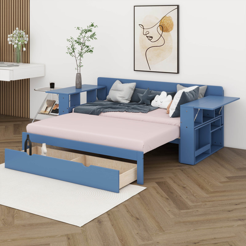 Lit de jour double avec bureau amovible, structure de lit de jour en bois avec tiroirs de rangement et table d'appoint hydraulique