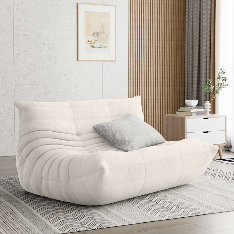 Armless 3-Seat Togo Three Seater Large Bean Bag Sofa, Beige Microfiber/Microsuede, 28" H x 69" W x 40" D