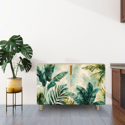 Sideboard Buffet Cabinet with Storage Designer Tropical Bahamian Breeze Collection Azure Palm Leaves Banana with 2 Doors for Living Room and Kitchen