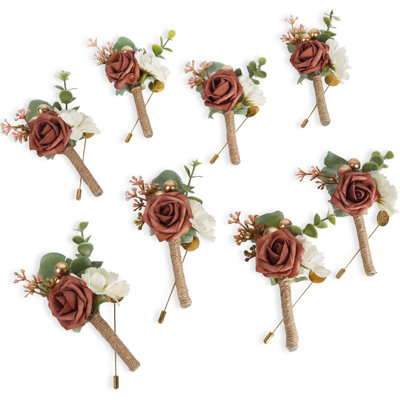 8Pcs Boutonnière rose pour les hommes, mariage avec épingles, marié et garçons d'honneur, fleur artificielle, boutonnière pour la cérémonie de mariage, dîner d'anniversaire, fête, bal, fleurs