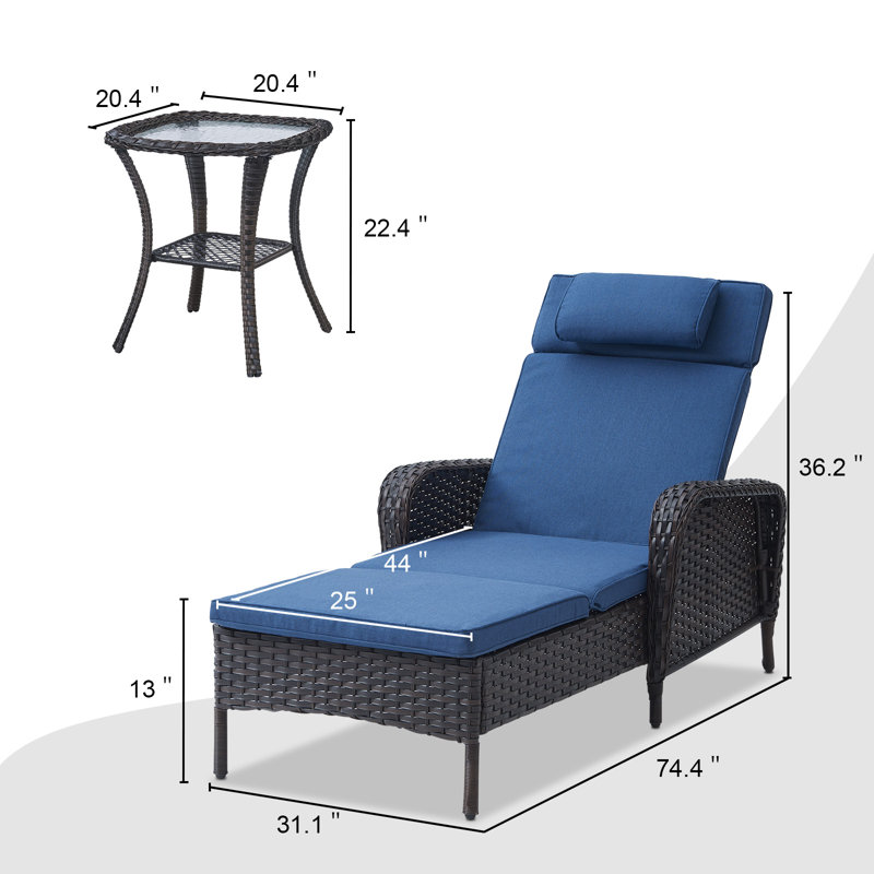 Chaise longue d'extérieur inclinable avec coussins Dahlyla, Bleu, Brun