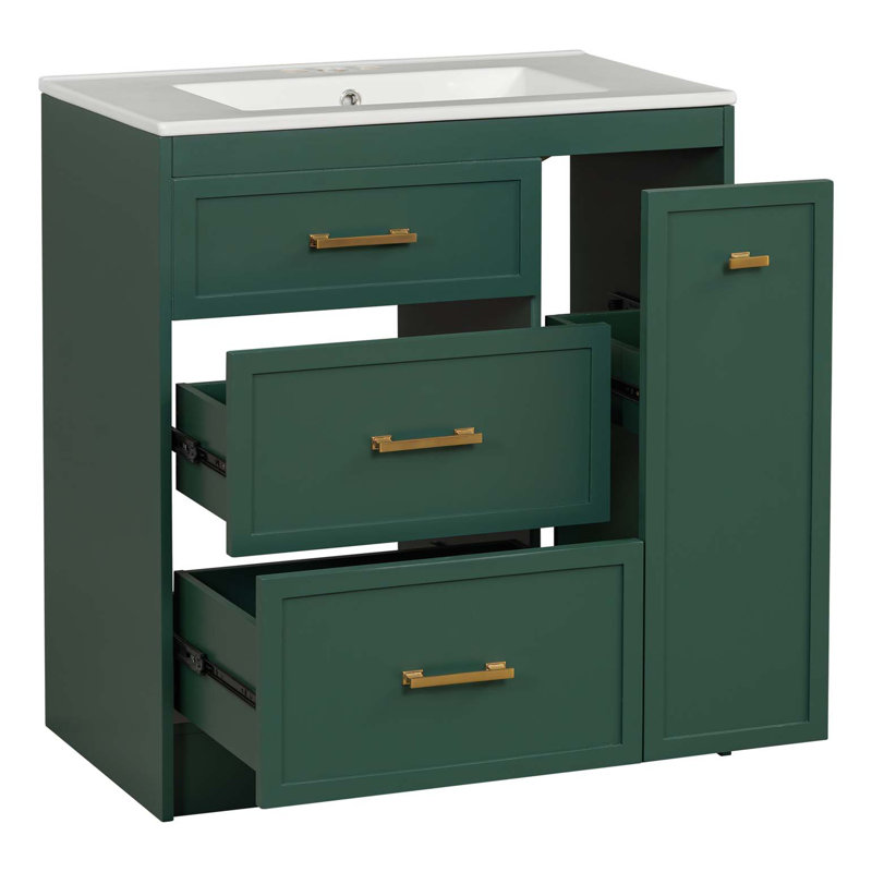 Ensemble de meuble-lavabo classique 30 po, à fixation au sol, avec trois tiroirs, dont un à double couche, avec de longues poignées dorées - parfait pour les petites salles de bain