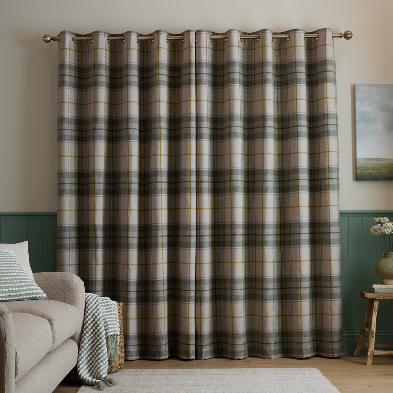 Brushed Woven Glencoe Check Thermal Eyelet Curtains, Green, 46 x 90 Inch