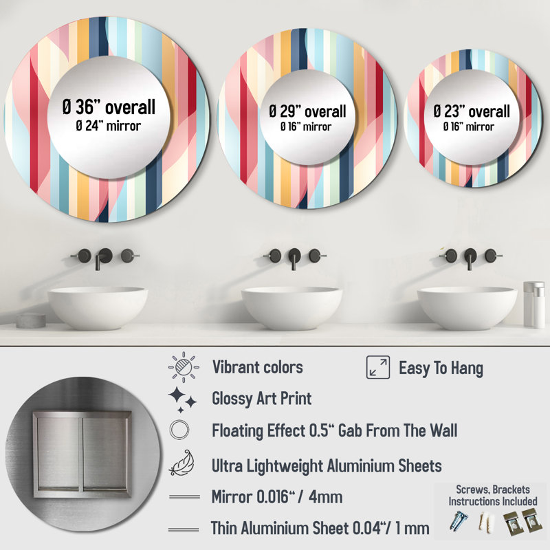 Rétro pastel rayé et motif tourbillon - miroir mural rond moderne_MTMIR131455, 36 po x 36 po