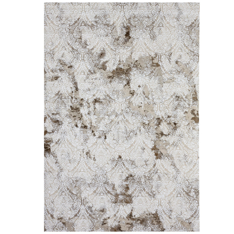 Tapis brun / blanc en acrylique noué à la main Modlin, Rectangle 6 pi 7 po x 9 pi 6 po