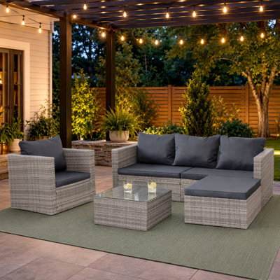 4-Piece Outdoor Rattan Patio Furniture Set, Wicker Sectional Sofa With Loveseat, Armchairs & Glass Top Coffee Table, All-Weather Cushioned Patio Conversation Set For Backyard, Garden & Porch